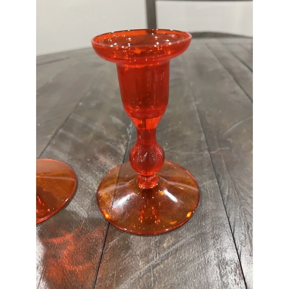 Morgantown‎ Glass Gypsy Fire Orange Candle Holder MCM Pair Vintage
